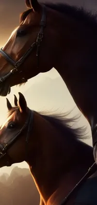 This phone live wallpaper features a captivating digital painting of two horses standing together in photorealistic detail