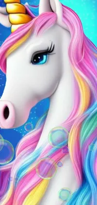 This colorful live phone wallpaper showcases a majestic unicorn with rainbow hair and sparkles