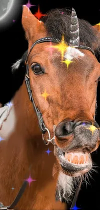 This phone live wallpaper shows a close-up of a horse wearing a bridle and featuring a unicorn portrait with a sarcastic smile