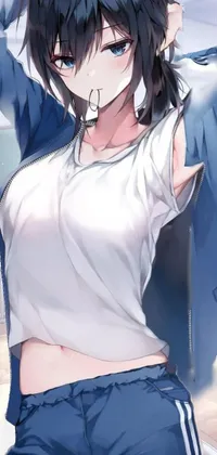 This striking phone live wallpaper depicts a character in an anime style wearing a variety of outfits, including a white shirt and blue pants and a track suit