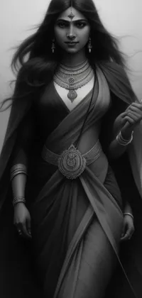 This phone live wallpaper showcases a powerful black and white image of a female warrior holding a sword