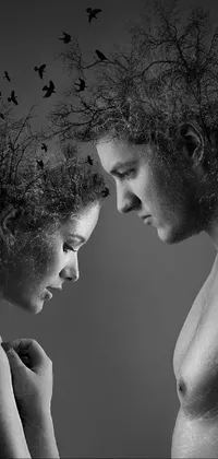 This live wallpaper depicts a black and white image of a man and woman standing together, lost in thought