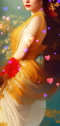 This mobile live wallpaper features an elegant and dreamy illustration of a woman wearing a yellow dress with a flower in her hair