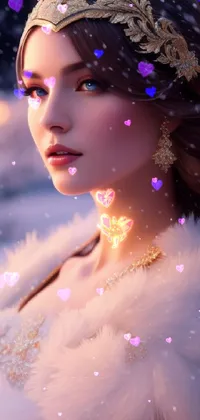 This stunning live wallpaper features a beautiful woman standing in snow surrounded by a winter wonderland