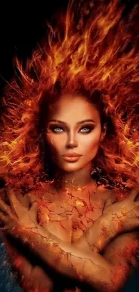 This live wallpaper depicts a woman with red hair and flames emitting from it