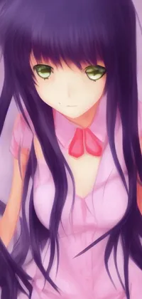 This lovely live wallpaper features an anime-style girl with long black hair in a pink dress, purple eyes, and a shy yet mischievous glance