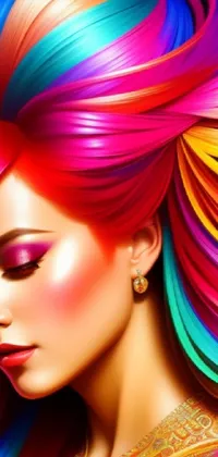 This phone live wallpaper features a vibrant, colorful woman with bold makeup and a unique digital painting style