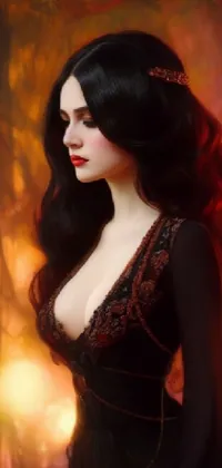 This live wallpaper features a captivating digital painting of a woman in a stunning black dress