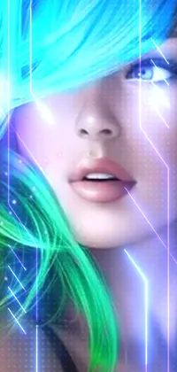 Adorn your phone screen with an enchanting live wallpaper featuring a stunning portrait of a vibrant woman with blue and green hair