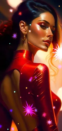 This phone live wallpaper showcases a beautiful painting of a woman wearing a red dress