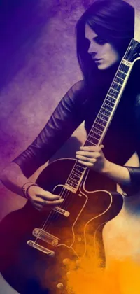 This phone live wallpaper features a black and white photo of a woman with a guitar, airbrushed by Eugeniusz Zak with a retro effect and dramatic lighting