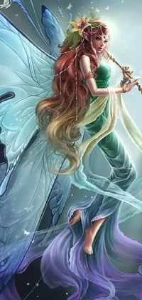 This mobile wallpaper features a stunning fairy holding a flute with intricate details on her dress and exotic fey features