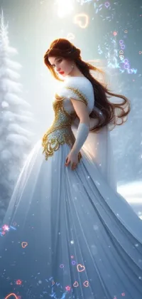 This phone live wallpaper depicts a woman dressed in a white gown standing in the snow