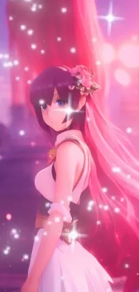 This phone live wallpaper showcases a pink-haired character with a flower in her hair, set against a background of volumetric mist