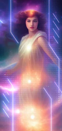 This live wallpaper presents a stunning digital artwork featuring a woman standing gracefully in front of a star-filled sky