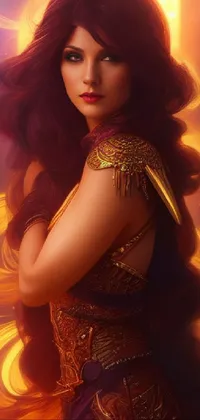 This stunning phone live wallpaper showcases a captivating digital portrait featuring a woman with long red hair on fire, as she poses for a picture