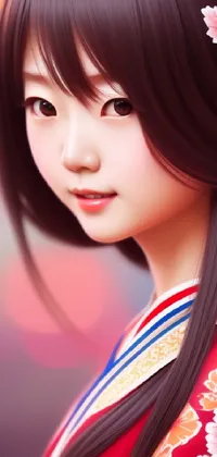 This mobile live wallpaper showcases a beautiful rendition of a Japanese woman's portrait