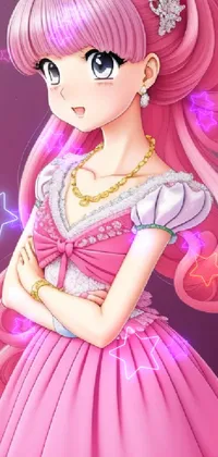 This live phone wallpaper depicts a captivating girl wearing a pink dress with pink hair, inspired by modern digital art and equestrian motifs