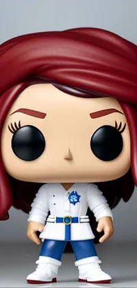 This live wallpaper features a close-up of a funko pop figurine with red hair, wearing a lab coat and holding a test tube, against a light blue and white background gradient