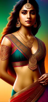 This phone live wallpaper depicts a stunning Indian woman draped in a colorful sari with intricate detailing