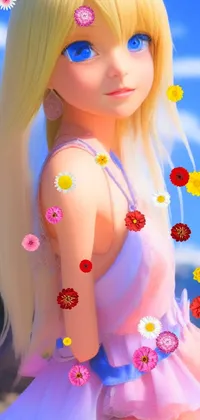 This phone live wallpaper showcases a stunning blonde doll with blue eyes, in a fantasy-inspired design complete with intricate details and colors