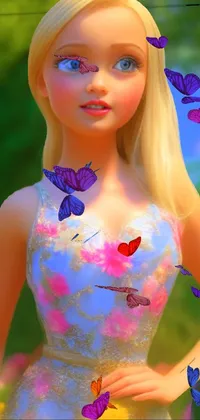This phone wallpaper showcases a lovely 3D render of a Barbie doll in a picturesque field of flowers