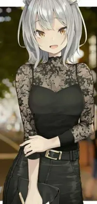 This live wallpaper features a captivating anime drawing showcasing a woman with short bobbed hair in a black dress, against a city street background