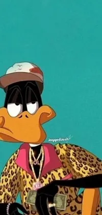 Looking for a cheerful and colorful live wallpaper for your phone? Look no further than this cartoon duck character riding a skateboard! Inspired by classic cartoons, this duck is brought to life with detailed blue feathers and a black beak, and sits atop a skateboard with blue wheels and a red deck