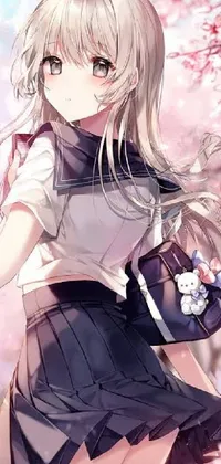 This mobile live wallpaper features a gorgeous anime girl with long white hair wearing a school uniform and holding a purse