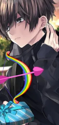This live wallpaper features an anime drawing of a male archer holding a bow and arrow, accompanied by vibrant rainbows in the background