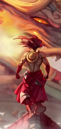 This phone live wallpaper depicts a man standing strong before a fiery dragon, in the style of epic video game art