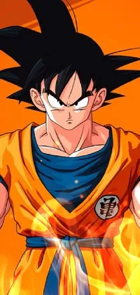 This mobile live wallpaper depicts a dynamic and popular anime character, standing against a vivid orange background