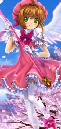 Get mesmerized every time you unlock your phone with this live wallpaper featuring a beautiful angel in a pink dress under a blossoming sakura tree