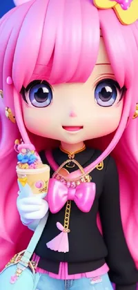 This phone live wallpaper displays a close up of a low poly doll with pink hair