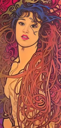 Looking for a captivating live wallpaper for your phone? Check out this stunning art nouveau-inspired painting, featuring a woman with long, flowing hair that seems to come alive with colorful tendrils of light