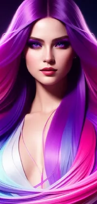 This phone wallpaper boasts a striking image of a female figure with luscious, gradient hair in brilliant hues or purple and pink