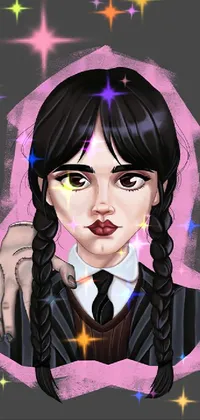 This phone live wallpaper showcases a beautifully rendered digital painting of a girl with black braided hair and bangs