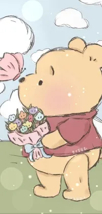 This phone live wallpaper depicts a cute cartoon winnie the pooh character holding a bunch of colorful flowers