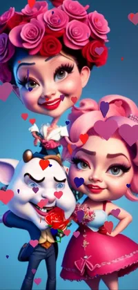 This delightful phone live wallpaper features two charming cartoon characters in a fun and colorful toon style, surrounded by a gorgeous rose frame