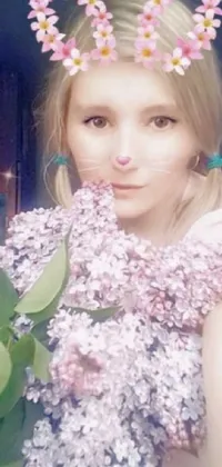 This vibrant live phone wallpaper features a woman holding a bouquet of flowers in front of her face, while wearing fake cat ears