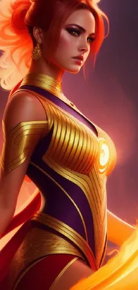 Enter a world of empowerment with this stunning live wallpaper featuring a fierce woman in a golden outfit holding a sword