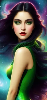 This enchanting live wallpaper for phone features a stylized portrait of a beautiful woman with long hair wearing a stunning green dress