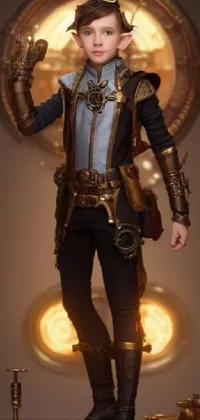 This phone live wallpaper features a stunning, highly-detailed image of a young boy dressed in a steampunk outfit
