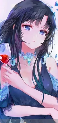 This stunning live wallpaper features a beautiful girl with long black hair holding a wine glass in her hand