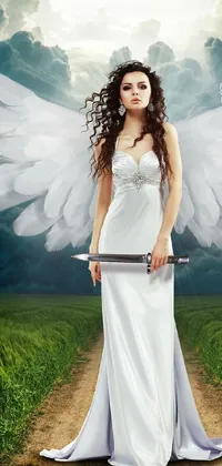 Enchanting phone live wallpaper of an angelic woman dressed in stunning attire and holding a sword standing bravely in a sprawling field against a stormy sky
