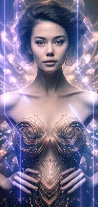 This phone live wallpaper showcases a stunning digital art of a woman standing in an intricate gold dress with symmetrical wings and beautiful flowing hair