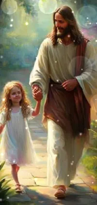 This phone live wallpaper features a serene oil painting of Jesus walking with a young girl