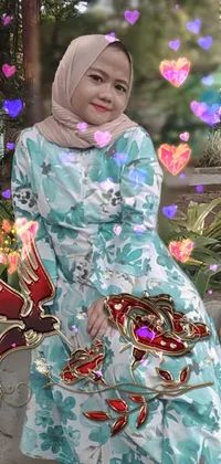 This phone live wallpaper showcases a woman wearing a hijab and a flowery teal dress, posing for a picture among colorful foliage