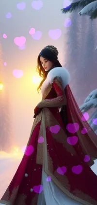 This stunning phone live wallpaper showcases a red-dressed female figure standing in a snow-filled landscape