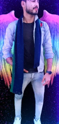 This stunning phone live wallpaper showcases a magical image of a man with wings and a halo, sporting casual jeans